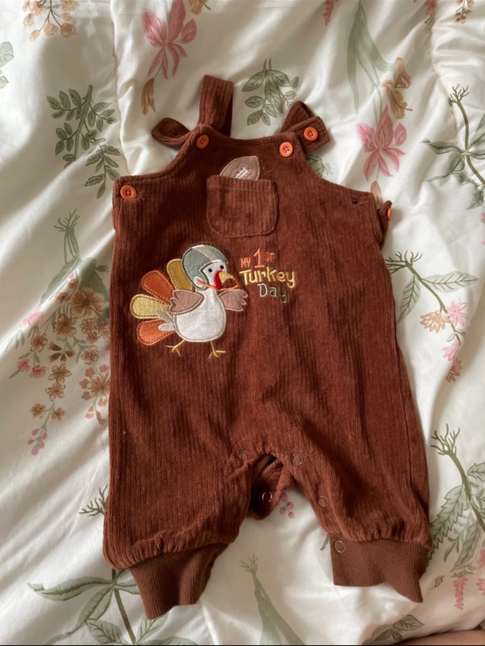 Kids Brown Turkey Embroidered Overalls